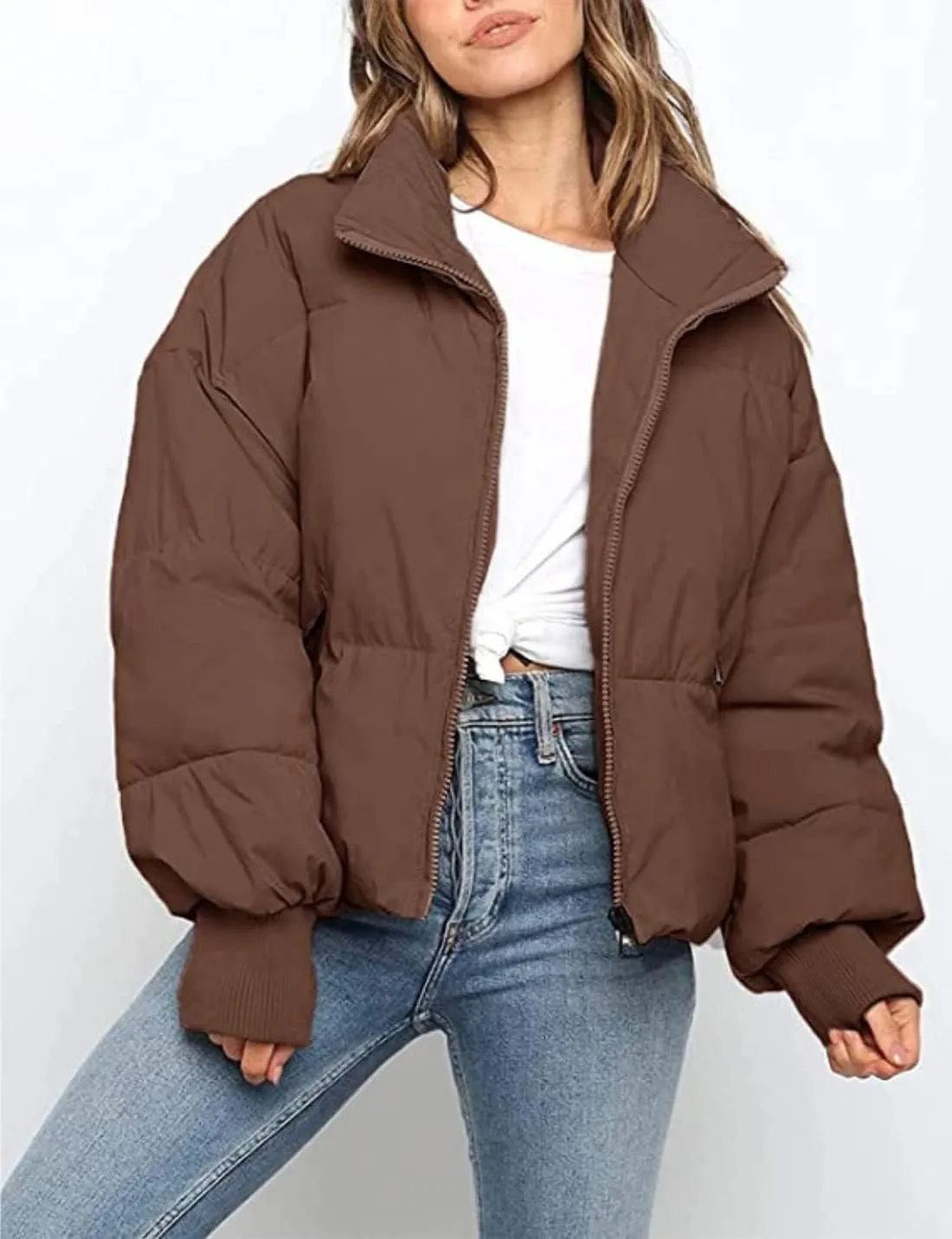 InterNos Women's Winter Stand Collar Zip Puffer Jacket Baggy Short Padded Down Coats
