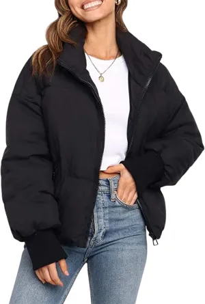 InterNos Women's Winter Stand Collar Zip Puffer Jacket Baggy Short Padded Down Coats