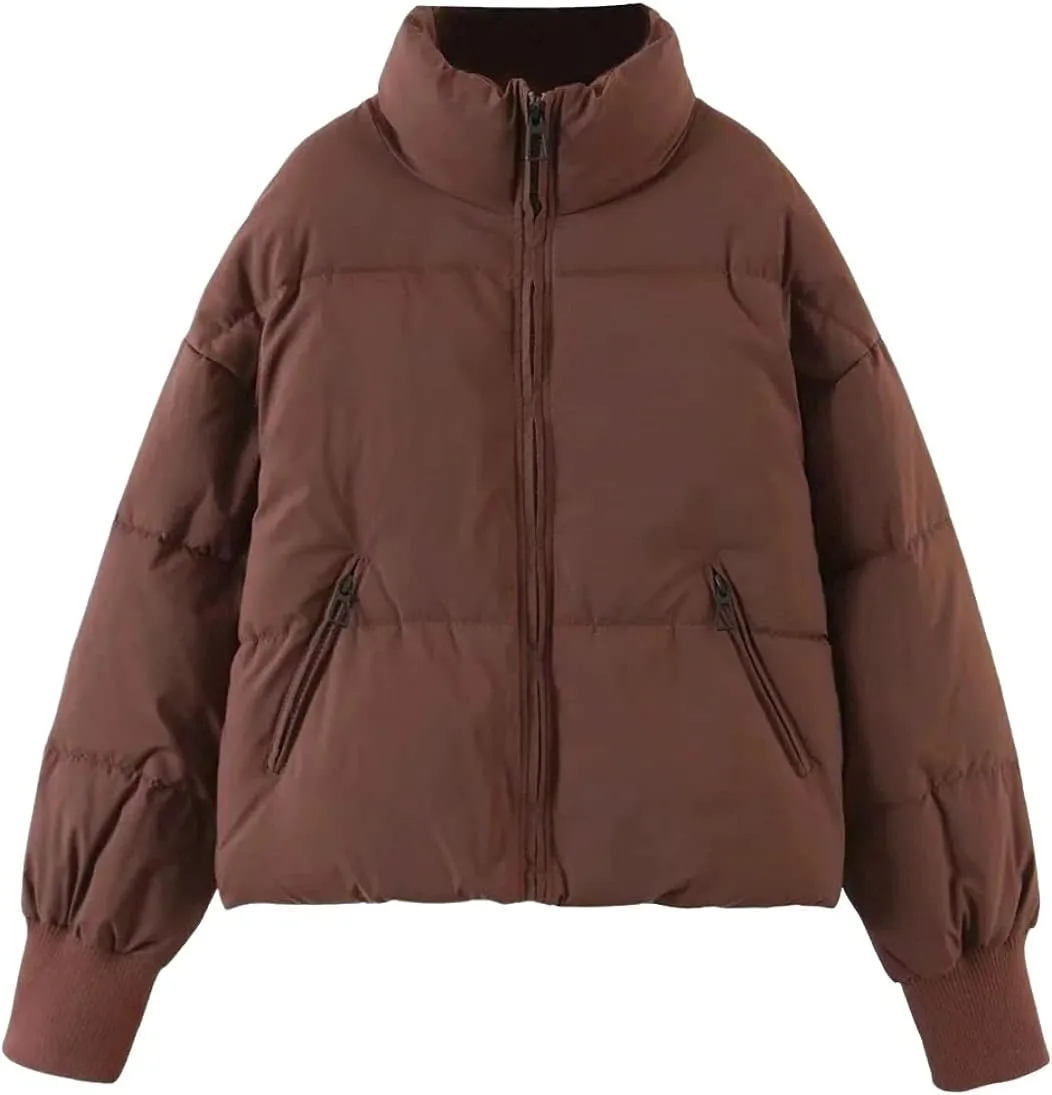 InterNos Women's Winter Stand Collar Zip Puffer Jacket Baggy Short Padded Down Coats