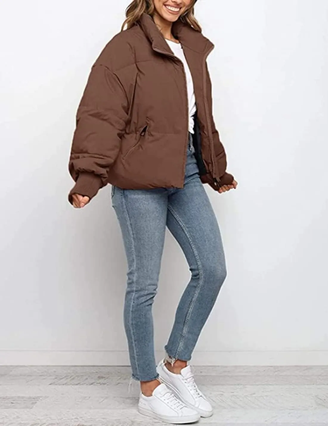 InterNos Women's Winter Stand Collar Zip Puffer Jacket Baggy Short Padded Down Coats