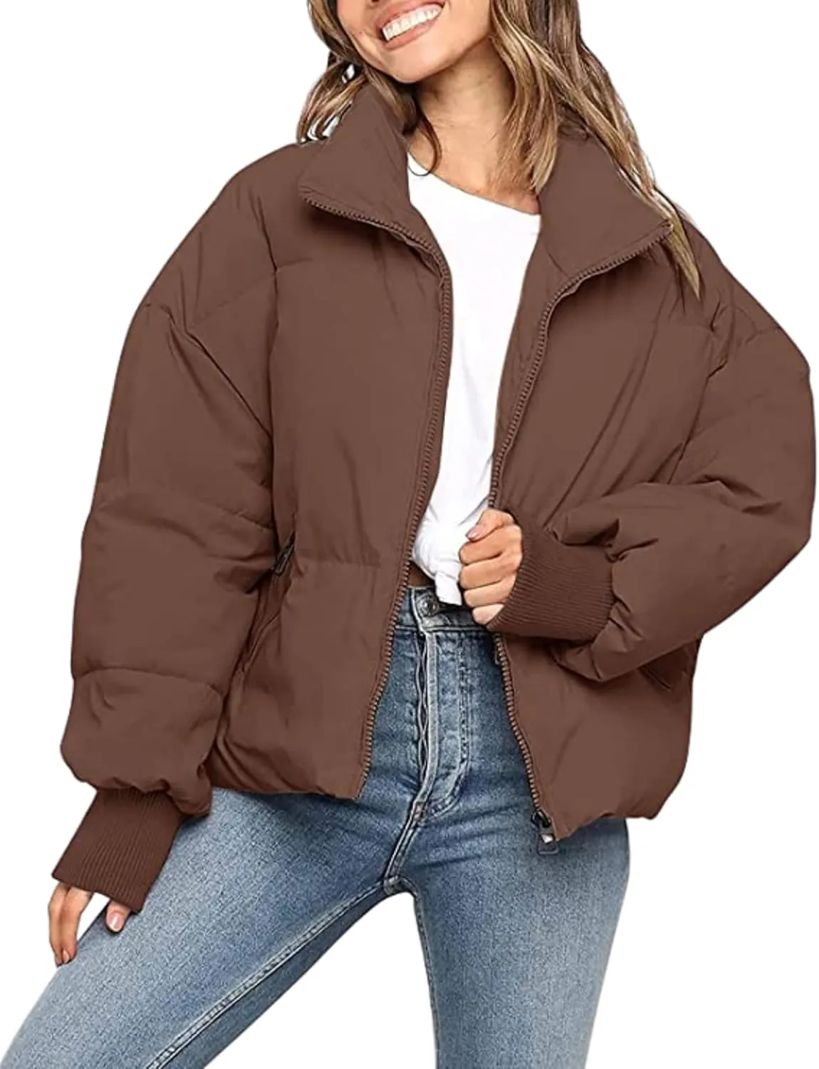 InterNos Women's Winter Stand Collar Zip Puffer Jacket Baggy Short Padded Down Coats