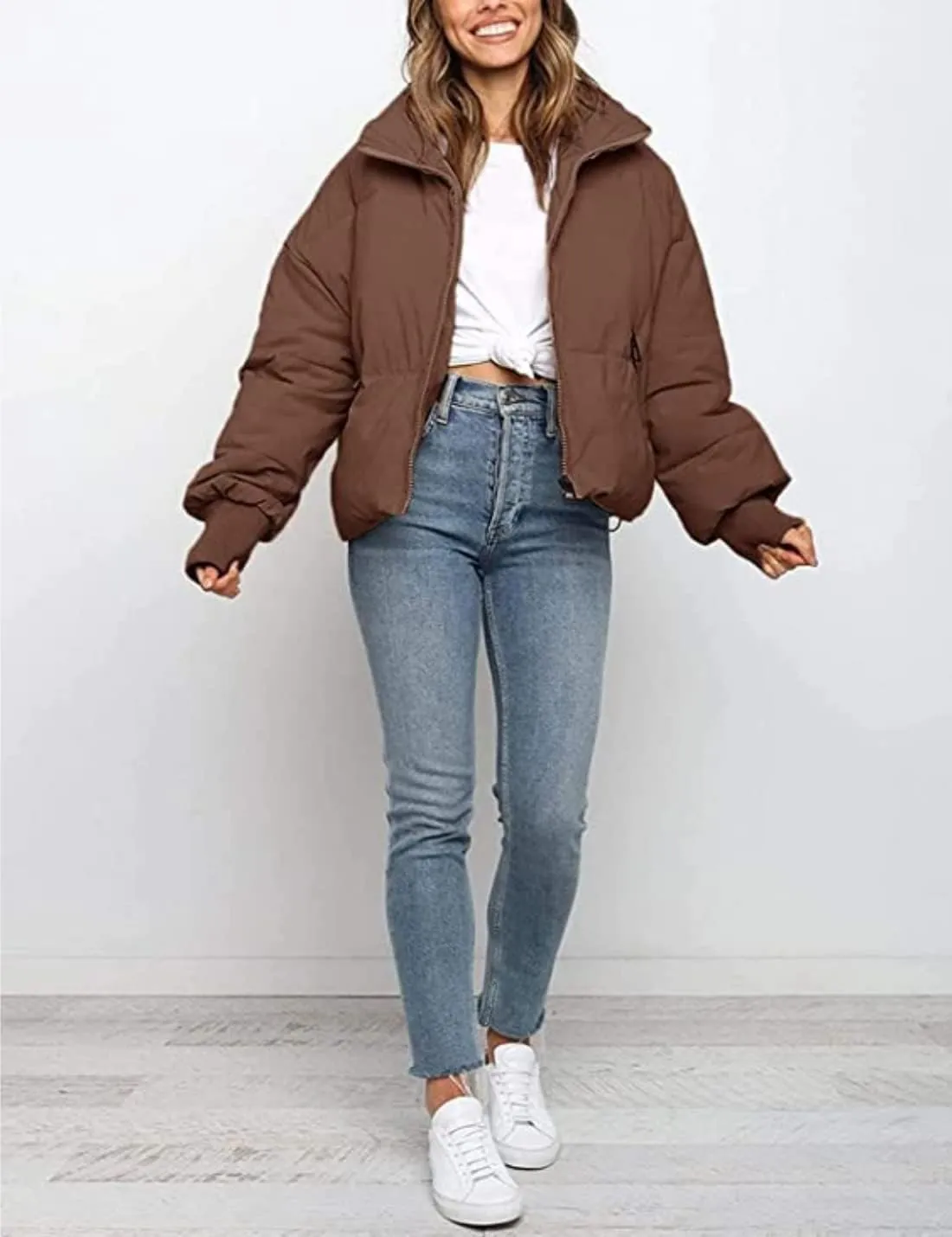 InterNos Women's Winter Stand Collar Zip Puffer Jacket Baggy Short Padded Down Coats