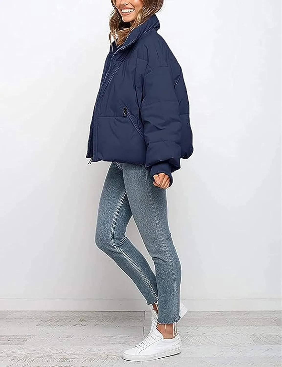 InterNos Women's Winter Stand Collar Zip Puffer Jacket Baggy Short Padded Down Coats