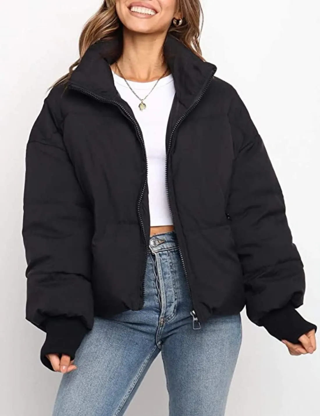 InterNos Women's Winter Stand Collar Zip Puffer Jacket Baggy Short Padded Down Coats