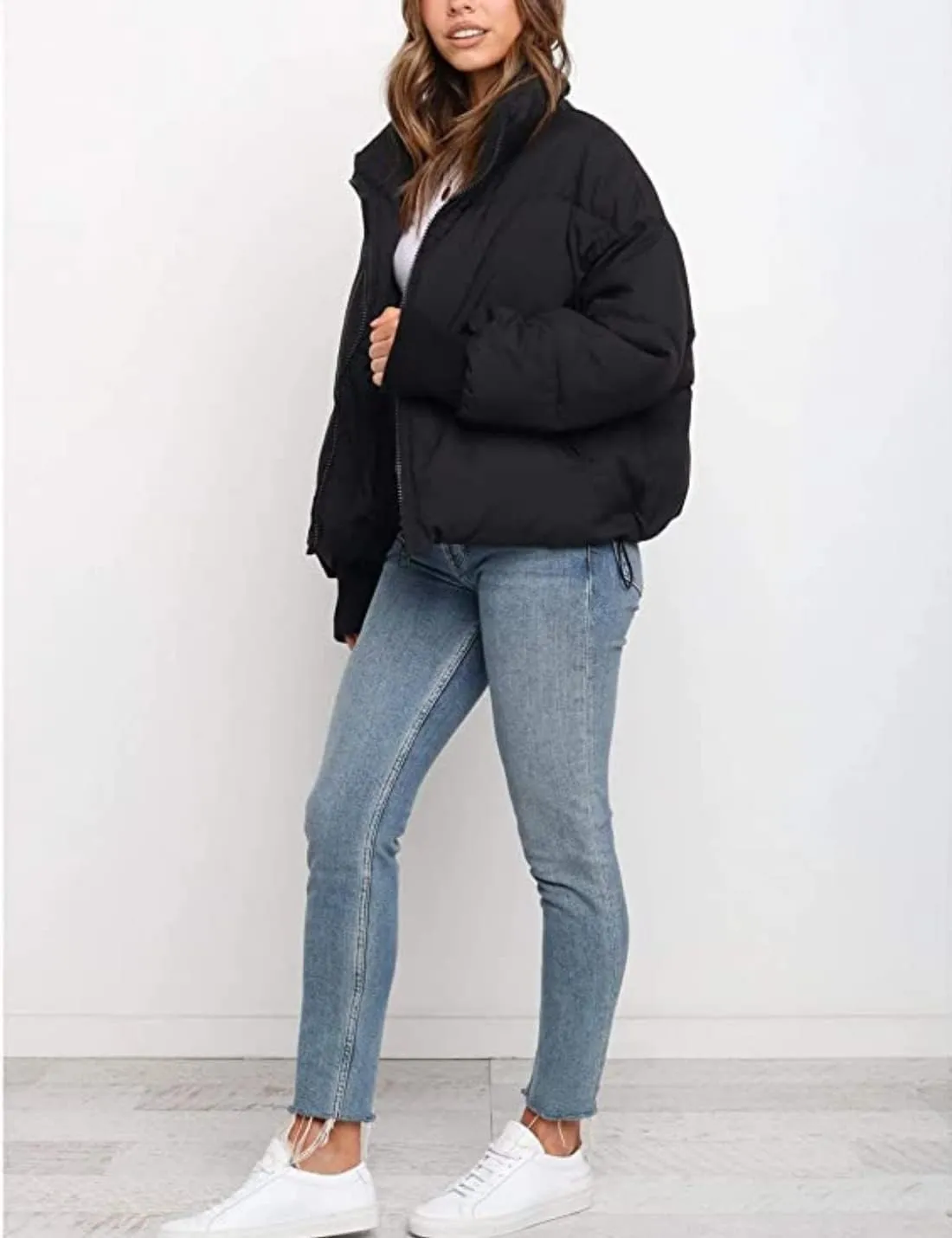 InterNos Women's Winter Stand Collar Zip Puffer Jacket Baggy Short Padded Down Coats