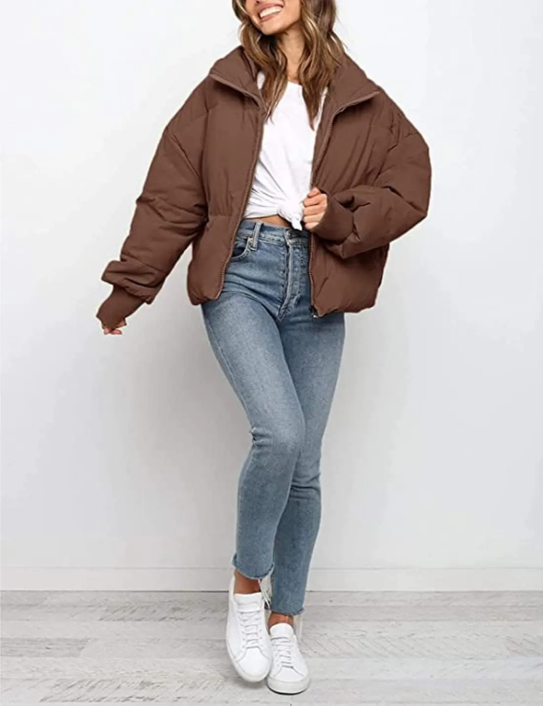InterNos Women's Winter Stand Collar Zip Puffer Jacket Baggy Short Padded Down Coats