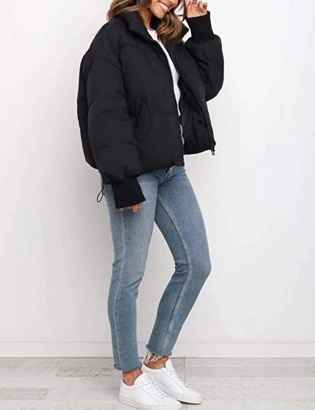 InterNos Women's Winter Stand Collar Zip Puffer Jacket Baggy Short Padded Down Coats