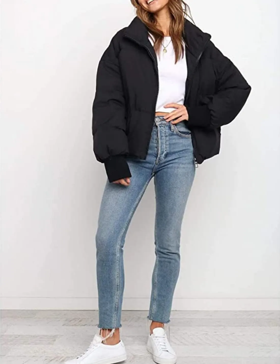 InterNos Women's Winter Stand Collar Zip Puffer Jacket Baggy Short Padded Down Coats
