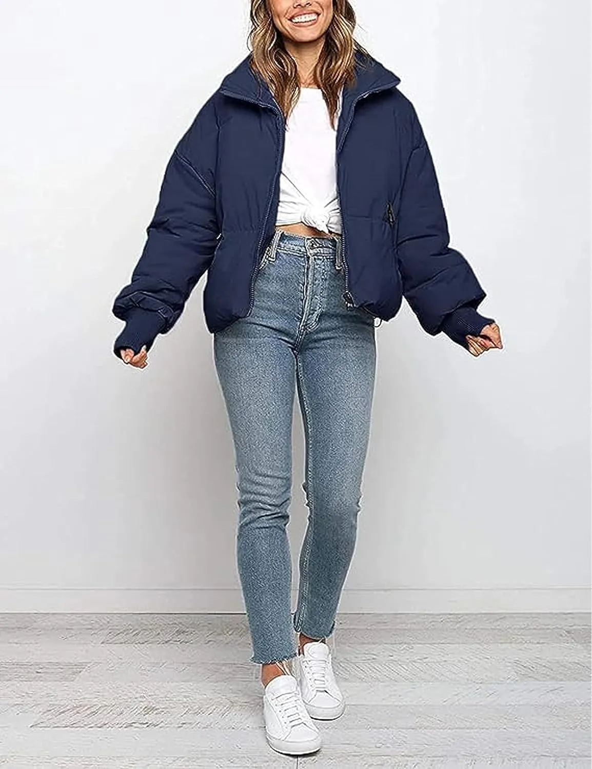 InterNos Women's Winter Stand Collar Zip Puffer Jacket Baggy Short Padded Down Coats
