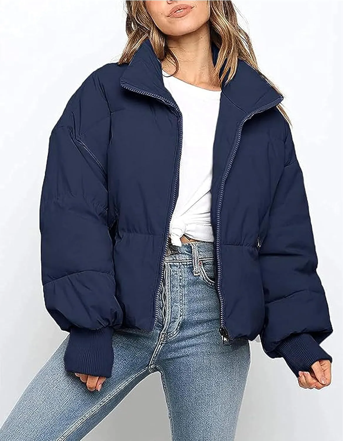 InterNos Women's Winter Stand Collar Zip Puffer Jacket Baggy Short Padded Down Coats
