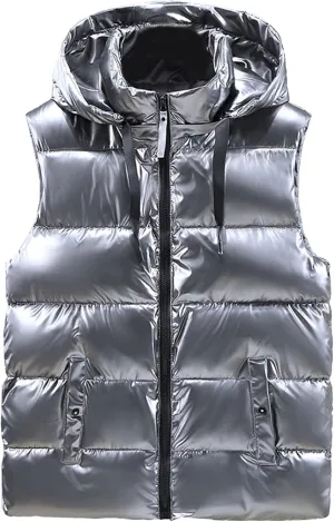 JEsilunmaMY Men's Shiny Winter Hooded Puffer Vest Sleeveless Thicken Warm Cotton Cargo Vest Fashion Padded Down Vest Jacket