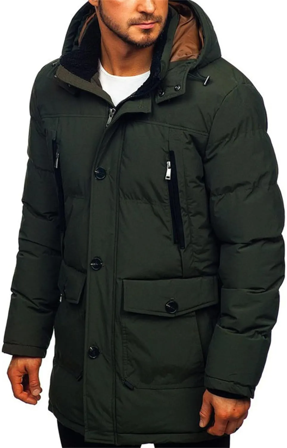 JEsilunmaMY Men's Thicken Parka Padded Puffer Jacket Windproof Cotton Winter Coat with Flap Pocket Warm Snow Ski Down Coats