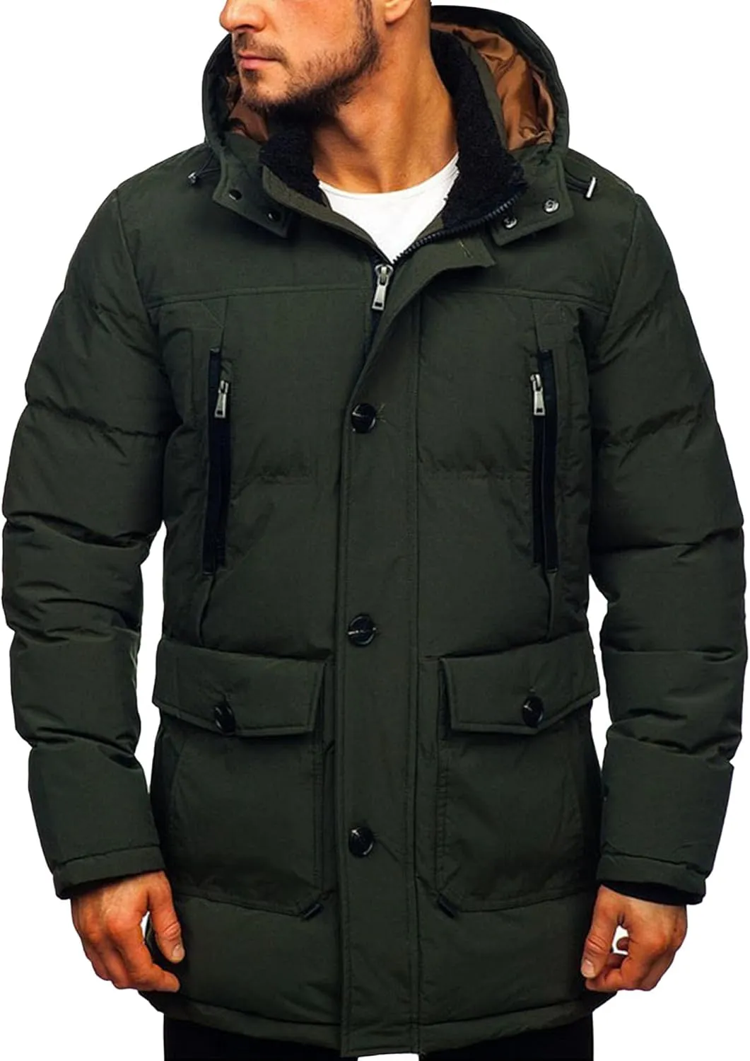 JEsilunmaMY Men's Thicken Parka Padded Puffer Jacket Windproof Cotton Winter Coat with Flap Pocket Warm Snow Ski Down Coats