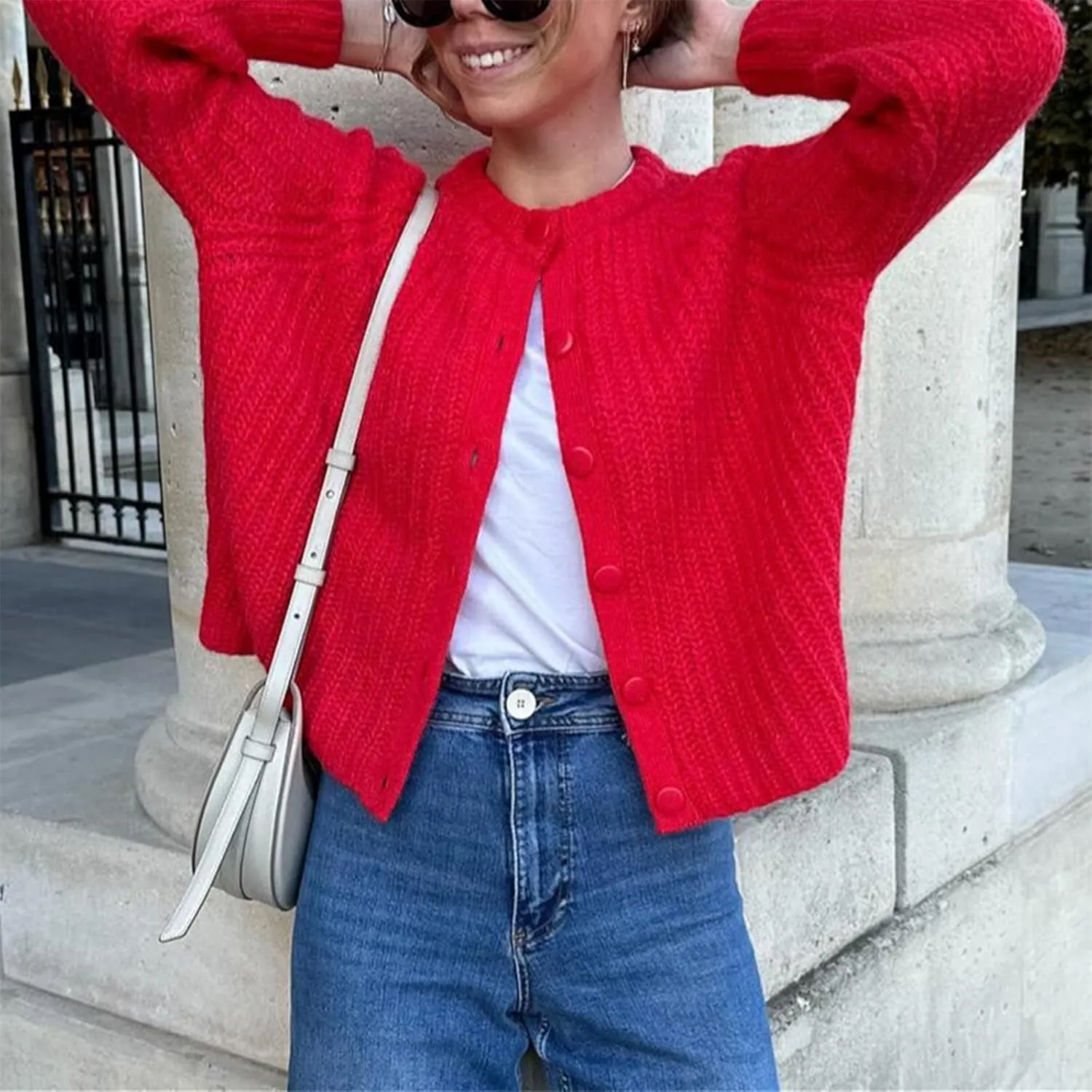 KEOMUD Women's Long Sleeve Cardigan Sweaters 2025 Spring Casual Crewneck Button Down Chunky Knit Cardigans
