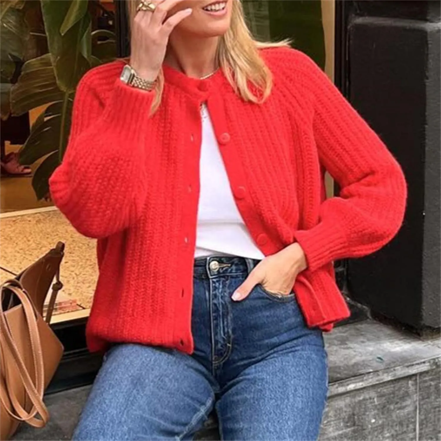 KEOMUD Women's Long Sleeve Cardigan Sweaters 2025 Spring Casual Crewneck Button Down Chunky Knit Cardigans