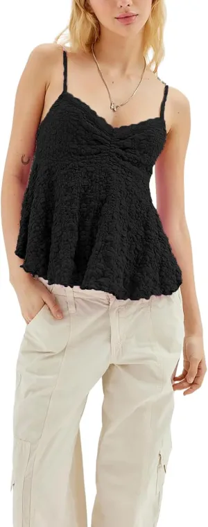 Lace Babydoll Cami Top for Women Sexy Spaghetti Straps Camisoles Empire Waist Semi Sheer Flowy Bodice Tank Tops