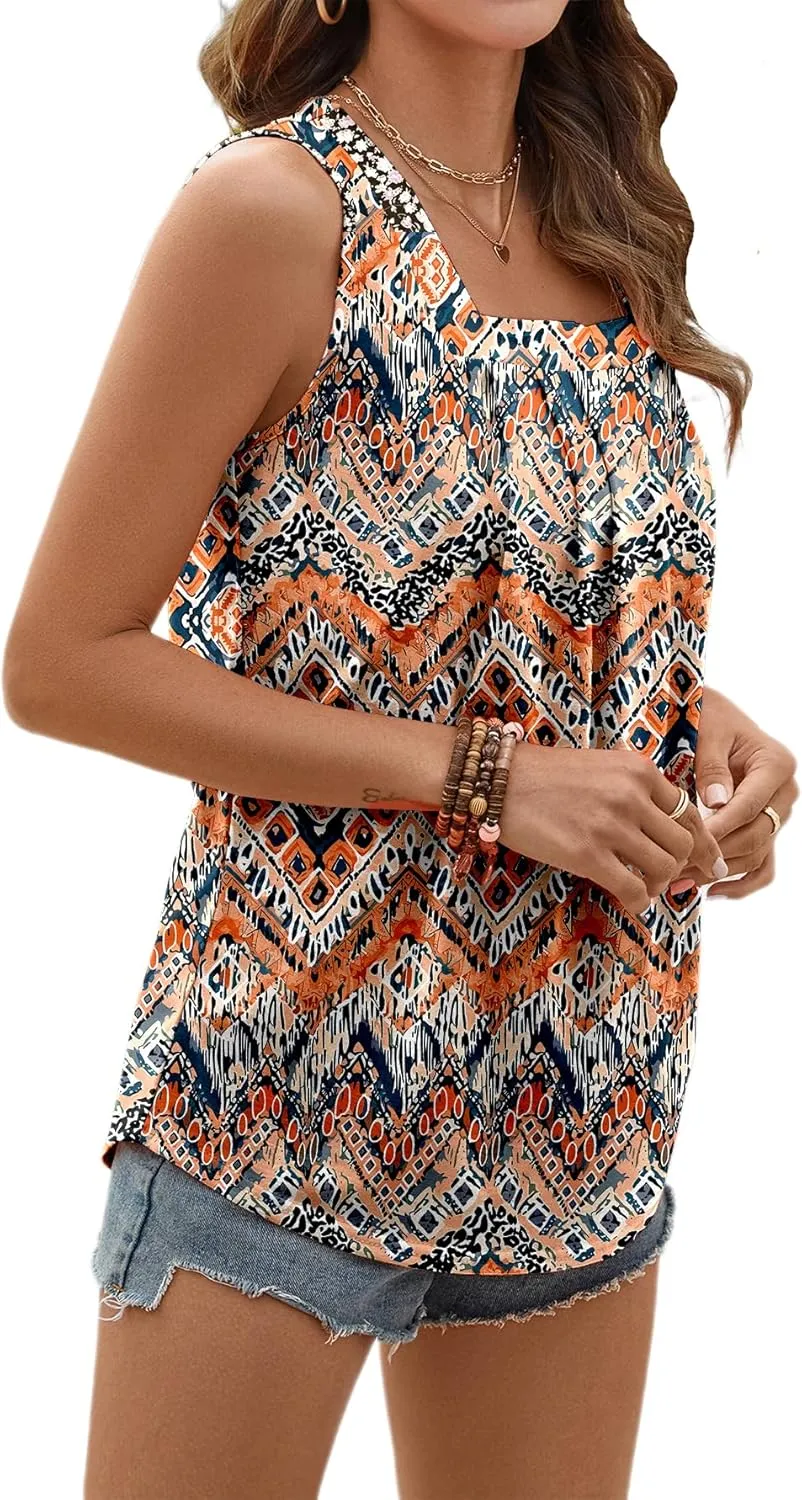 Ladlop Summer Square Neck Tank Tops for Women Pleated Loose Fit Casual Sleeveless Tops Shirts Flowy