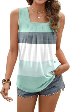 Ladlop Summer Square Neck Tank Tops for Women Pleated Loose Fit Casual Sleeveless Tops Shirts Flowy