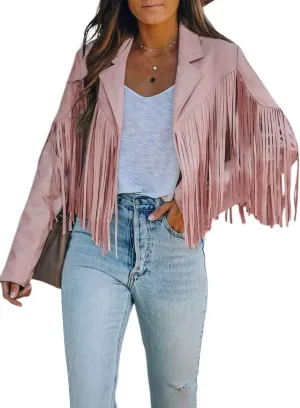 LAFOURAM Womens Fringe Jacket Faux Leather Suede Crop Tops Western Cowgirl Outfit