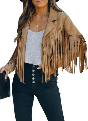 LAFOURAM Womens Fringe Jacket Faux Leather Suede Crop Tops Western Cowgirl Outfit
