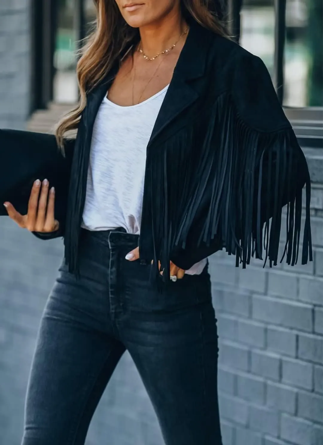 LAFOURAM Womens Fringe Jacket Faux Leather Suede Crop Tops Western Cowgirl Outfit