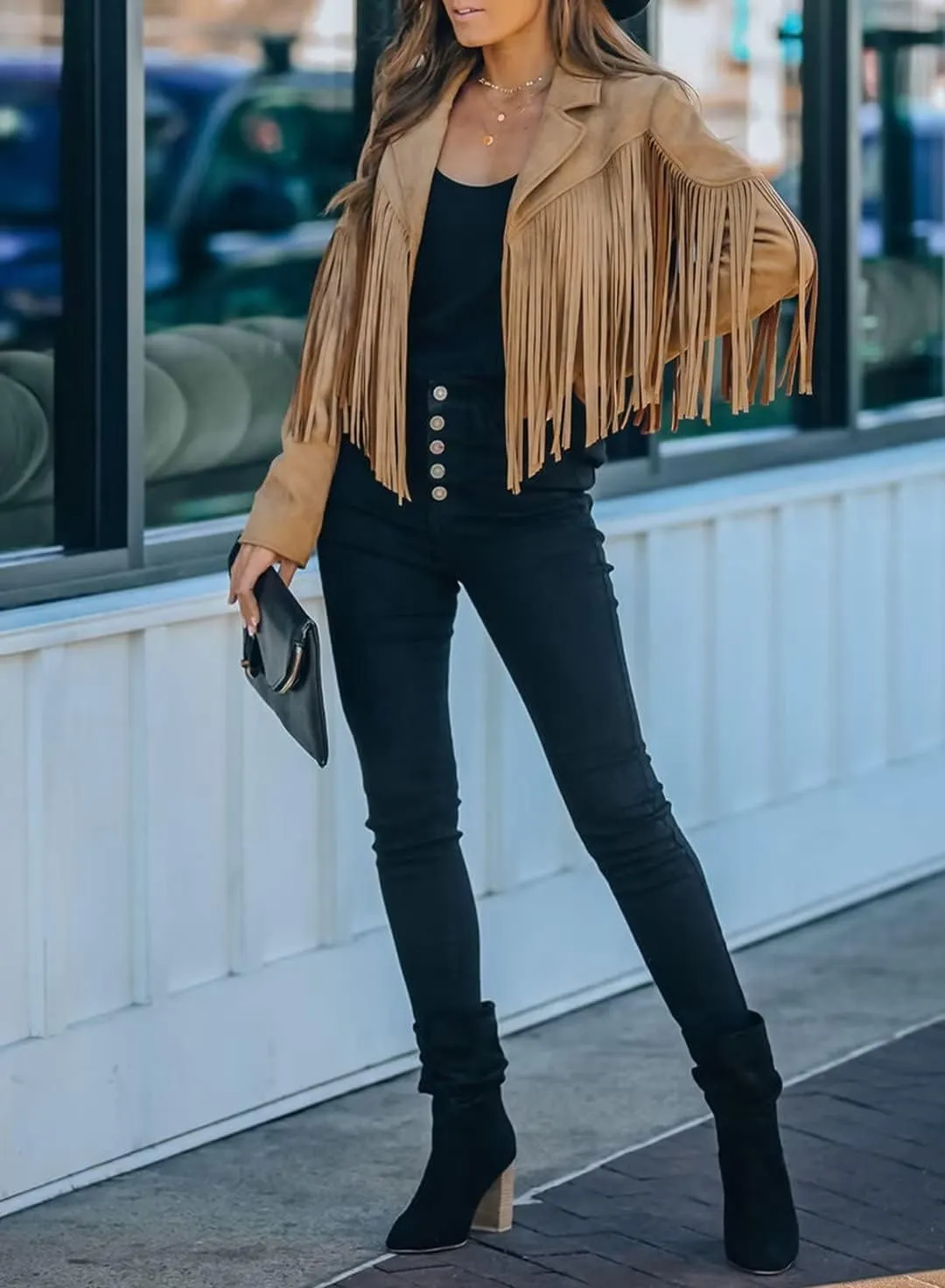 LAFOURAM Womens Fringe Jacket Faux Leather Suede Crop Tops Western Cowgirl Outfit