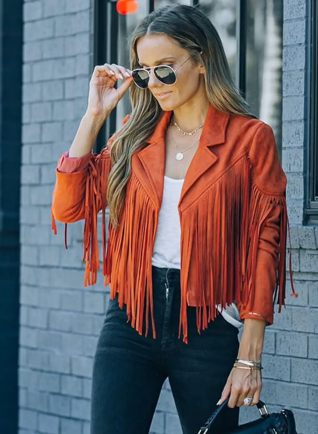 LAFOURAM Womens Fringe Jacket Faux Leather Suede Crop Tops Western Cowgirl Outfit