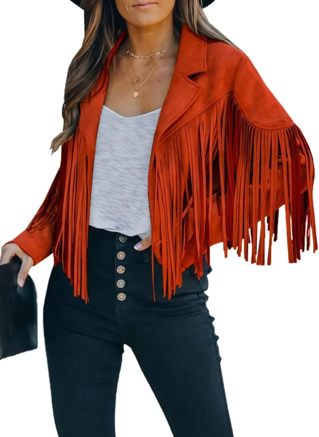 LAFOURAM Womens Fringe Jacket Faux Leather Suede Crop Tops Western Cowgirl Outfit