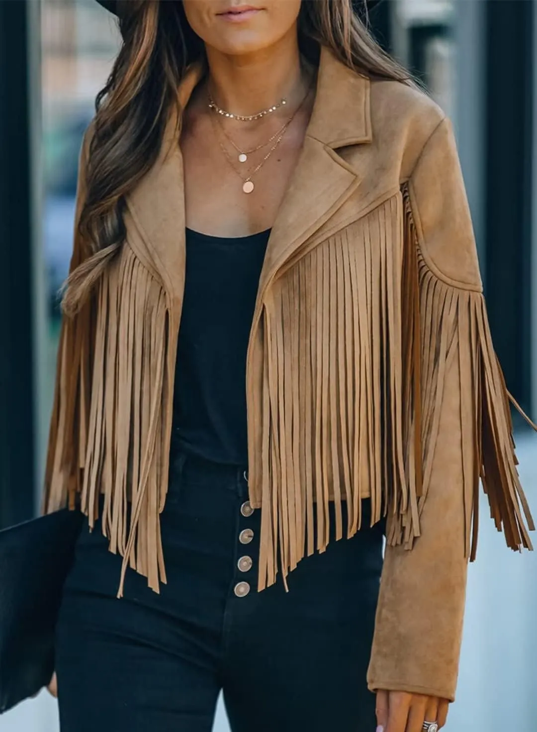 LAFOURAM Womens Fringe Jacket Faux Leather Suede Crop Tops Western Cowgirl Outfit
