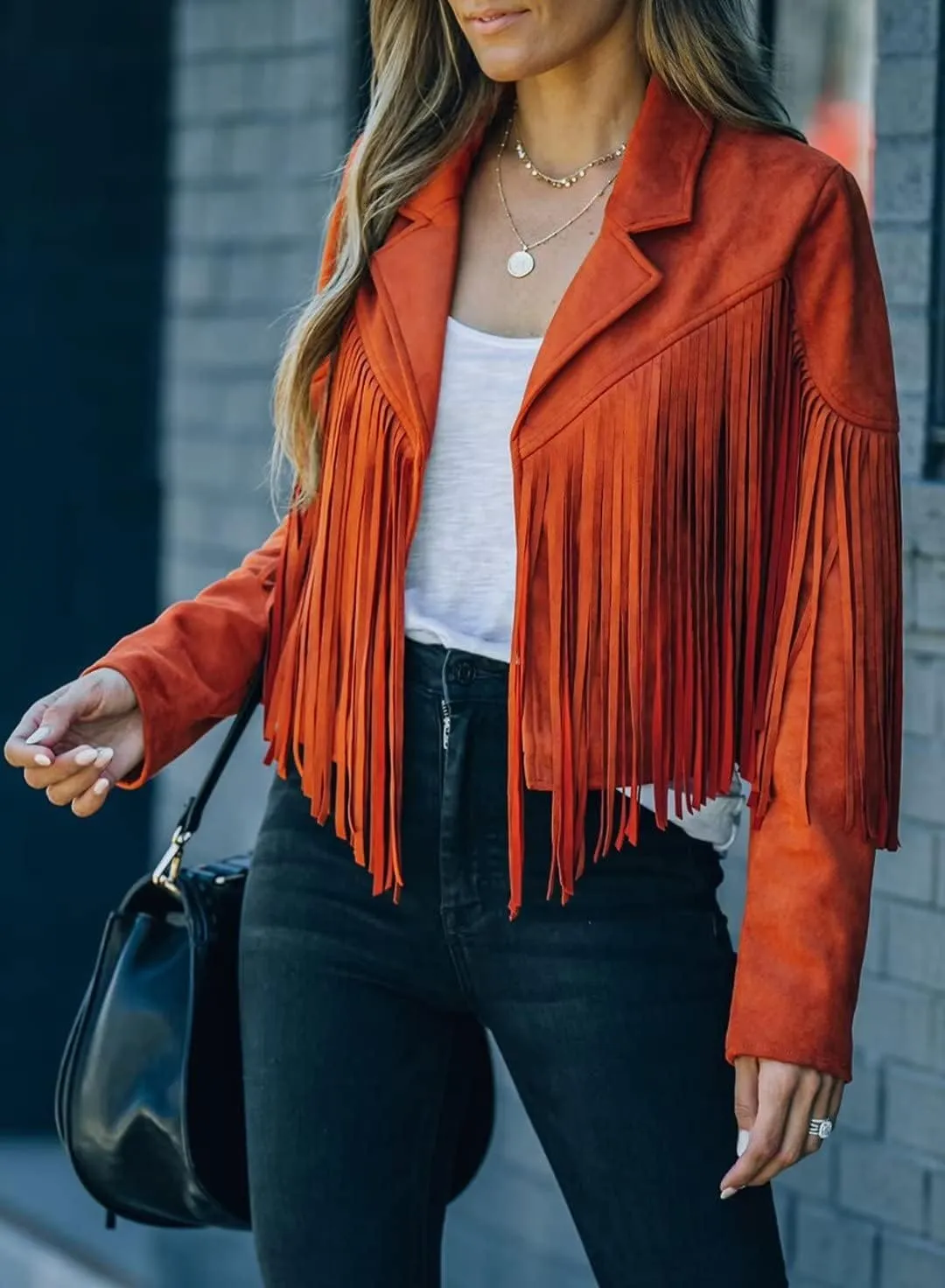LAFOURAM Womens Fringe Jacket Faux Leather Suede Crop Tops Western Cowgirl Outfit