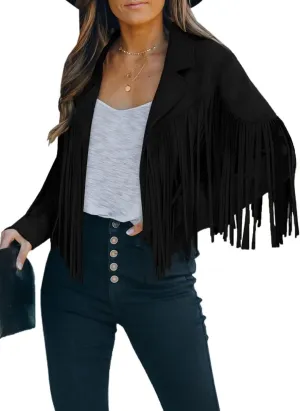 LAFOURAM Womens Fringe Jacket Faux Leather Suede Crop Tops Western Cowgirl Outfit