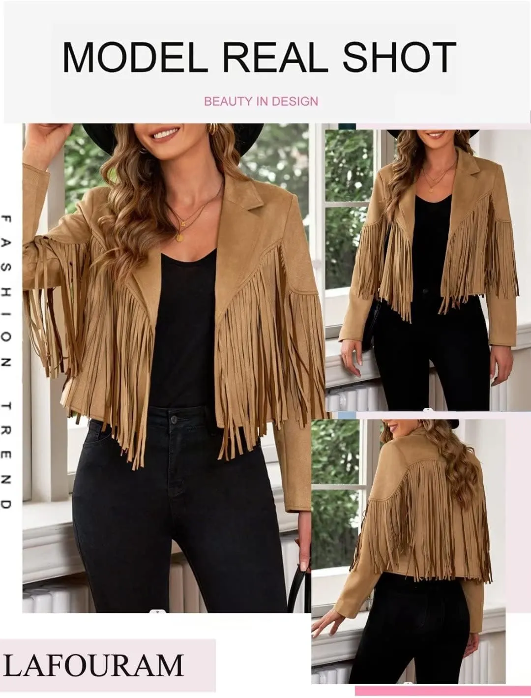 LAFOURAM Womens Fringe Jacket Faux Leather Suede Crop Tops Western Cowgirl Outfit