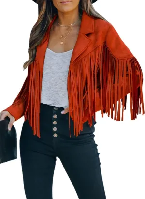 LAFOURAM Womens Fringe Jacket Faux Leather Suede Crop Tops Western Cowgirl Outfit