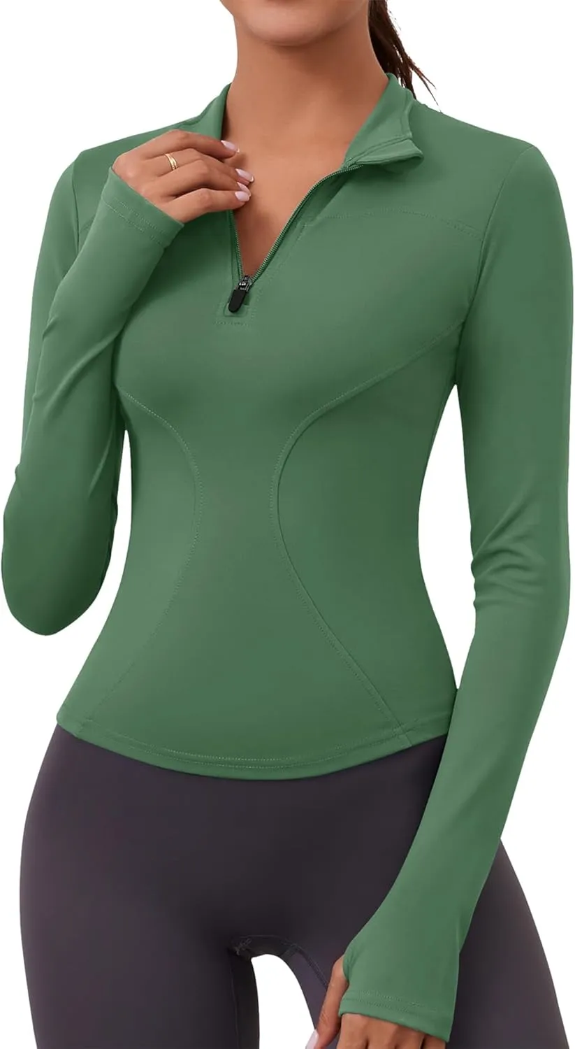 LOMON Womens Long Sleeve Workout Tops Quick Dry Quarter Zip Pullover Crop Yoga Athletic Slim Fit Shirts