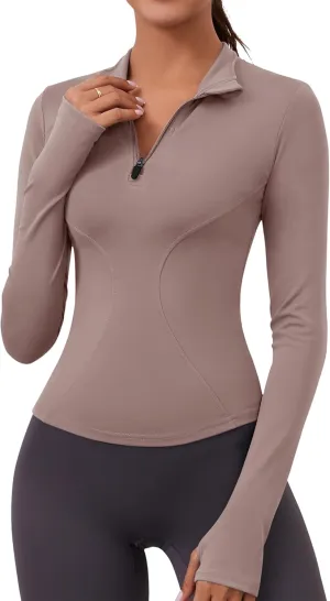 LOMON Womens Long Sleeve Workout Tops Quick Dry Quarter Zip Pullover Crop Yoga Athletic Slim Fit Shirts