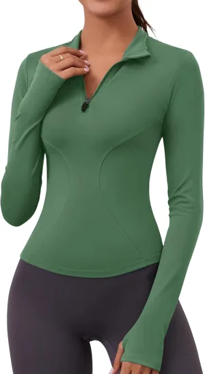 LOMON Womens Long Sleeve Workout Tops Quick Dry Quarter Zip Pullover Crop Yoga Athletic Slim Fit Shirts