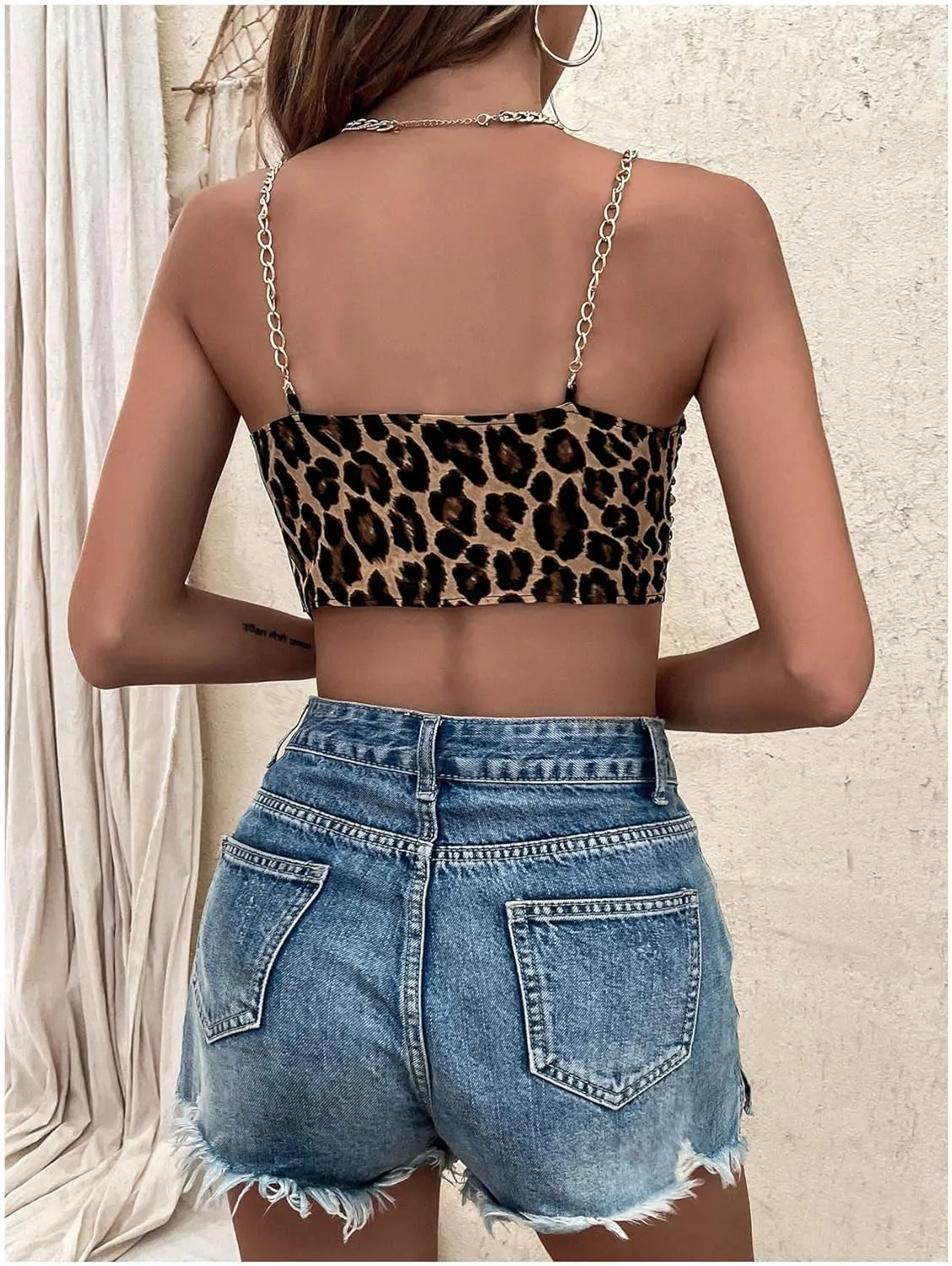 MakeMeChic Women's Cheetah Print Tops Camisole Knot Front Sleeveless Y2k Crop Tank Top