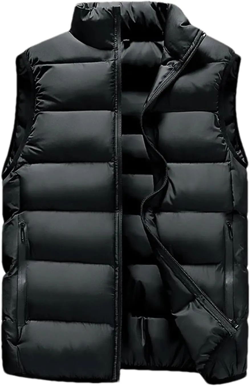 Men Winter Sleeveless Vest Jackets Fashion Stand Collar Thick Warm Zipper Cotton-Padded Waistcoat Coats
