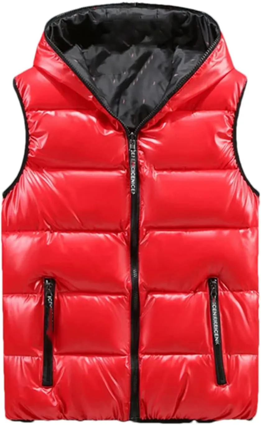 Men Winter V-Neck Vests Outdoor Hooded Glossy Cotton Padded Sleeveless Coat Thick Warm Waistcoat