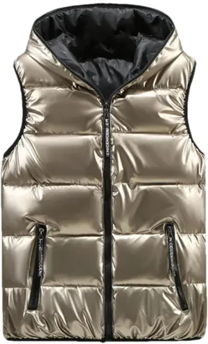Men Winter V-Neck Vests Outdoor Hooded Glossy Cotton Padded Sleeveless Coat Thick Warm Waistcoat