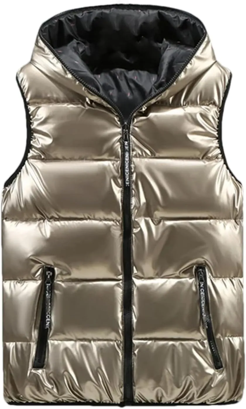 Men Winter V-Neck Vests Outdoor Hooded Glossy Cotton Padded Sleeveless Coat Thick Warm Waistcoat