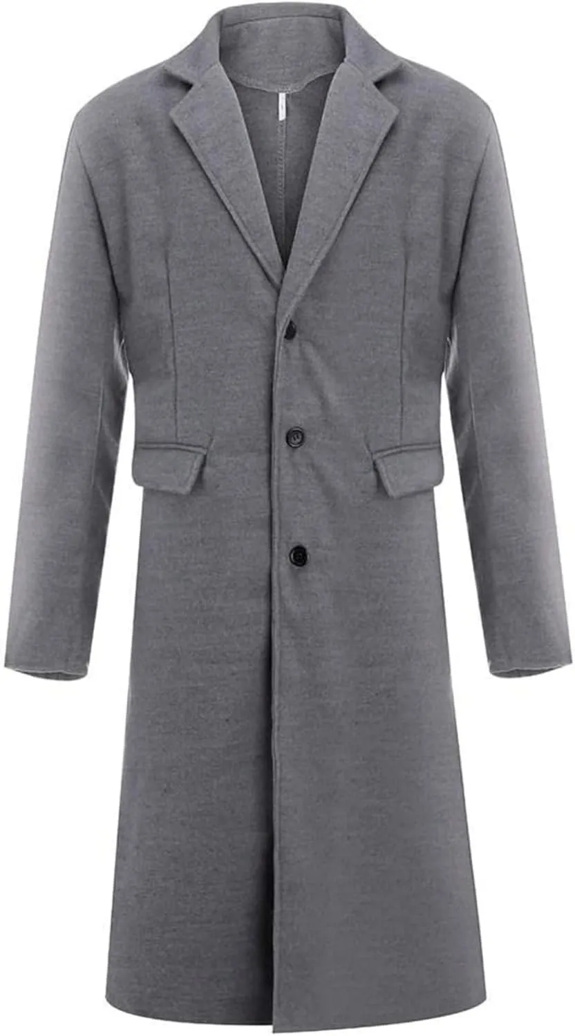 Men's Full Length Winter Trench Coat Double Breasted Wool Blend Long Windbreaker Notch Lapel Peacoat Overcoat