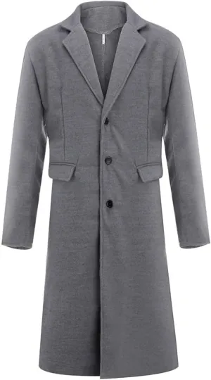 Men's Full Length Winter Trench Coat Double Breasted Wool Blend Long Windbreaker Notch Lapel Peacoat Overcoat