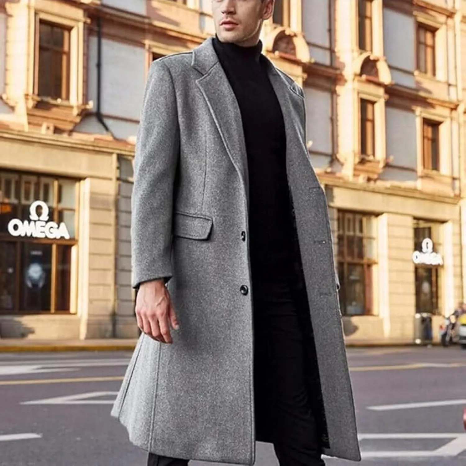 Men's Full Length Winter Trench Coat Double Breasted Wool Blend Long Windbreaker Notch Lapel Peacoat Overcoat