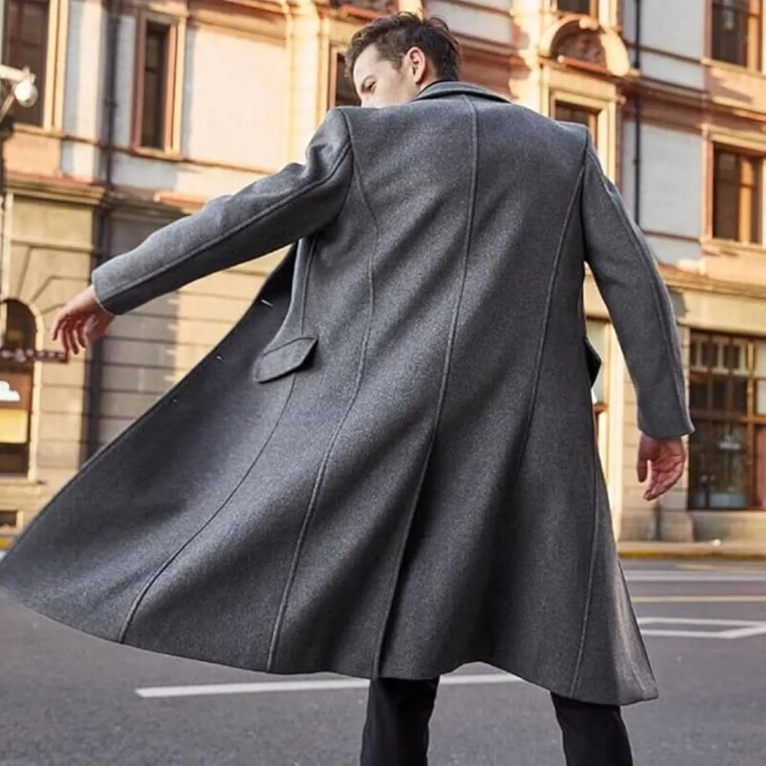 Men's Full Length Winter Trench Coat Double Breasted Wool Blend Long Windbreaker Notch Lapel Peacoat Overcoat