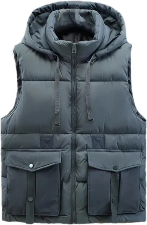 Men's Winter Hooded Down Vest Casual Stand Collar Zipper Warm Cotton Padded Sleeveless Waistcoat Jacket