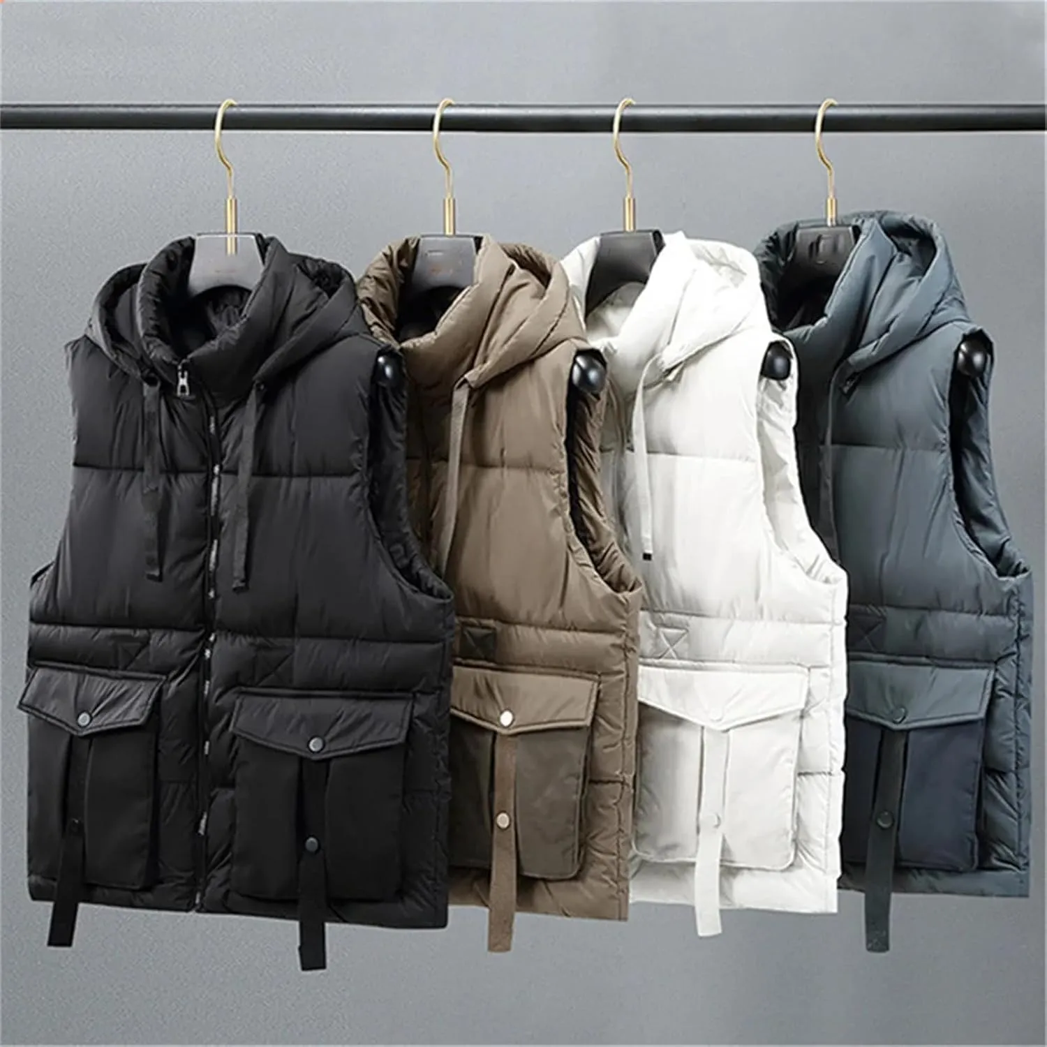 Men's Winter Hooded Down Vest Casual Stand Collar Zipper Warm Cotton Padded Sleeveless Waistcoat Jacket