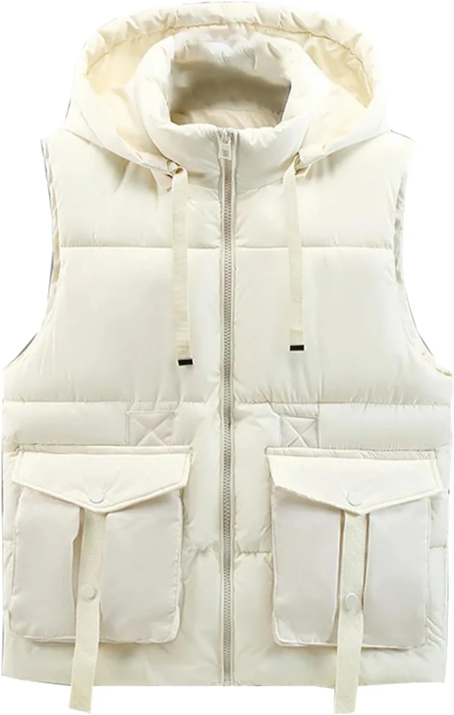 Men's Winter Hooded Down Vest Casual Stand Collar Zipper Warm Cotton Padded Sleeveless Waistcoat Jacket