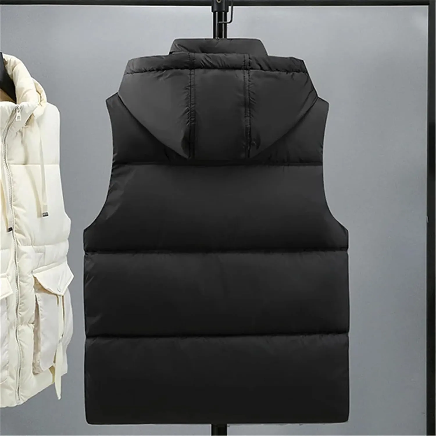 Men's Winter Hooded Down Vest Casual Stand Collar Zipper Warm Cotton Padded Sleeveless Waistcoat Jacket