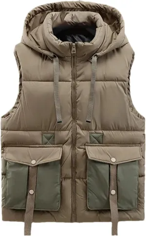 Men's Winter Hooded Down Vest Casual Stand Collar Zipper Warm Cotton Padded Sleeveless Waistcoat Jacket